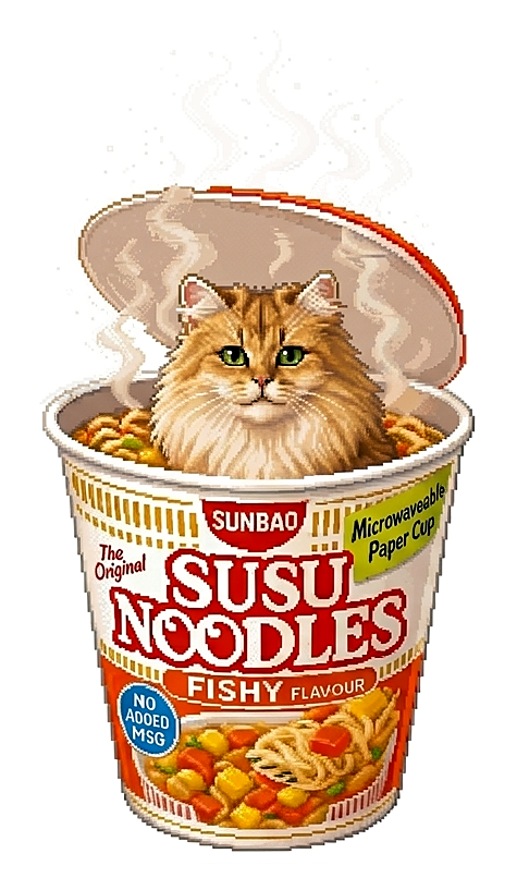 Animated pixel art cat sitting inside an open SUSU instant noodle cup
